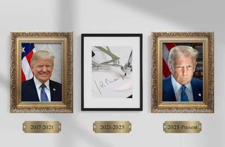 Publicação mostra os retratos oficiais de Donald Trump no primeiro mandato e da gestão atual. No meio, onde deveria constar o retrato de Joe Biden, aparece uma caneta automática fazendo a assinatura do ex-presidente. 17/03/2025 -
