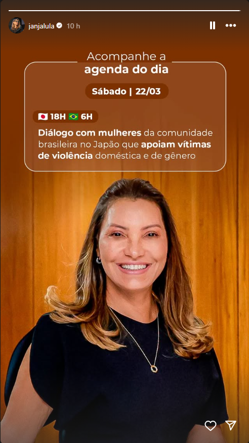 Agenda da primeira-dama Janja Lula da Silva, divulgada no Instagram