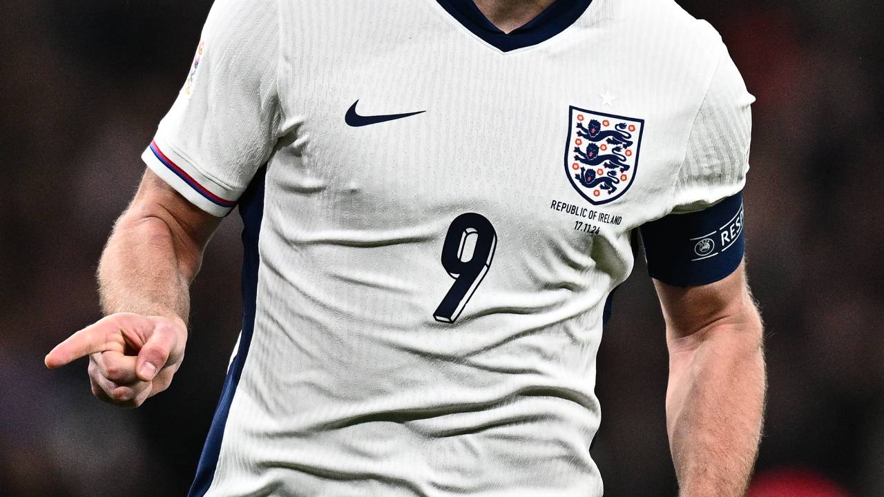 LONDON, ENGLAND - NOVEMBER 17: Harry Kane of England celebrates after scoring the first goal during the UEFA Nations League 2024/25 League B Group B2 match between England and Republic of Ireland at Wembley Stadium on November 17, 2024 in London, England. (Photo by Sebastian Frej/MB Media/Getty Images)