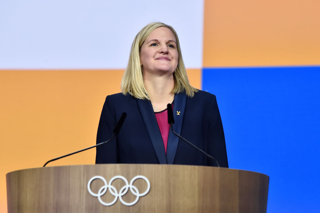 COSTA NAVARINO, GREECE - MARCH 20: Kirsty Coventry reacts as she delivers a speech after being elected as the new IOC President on Day Two of the 144th International Olympic Committee (IOC) Session on March 20, 2025 in Costa Navarino, Greece. (Photo by Milos Bicanski/Getty Images)