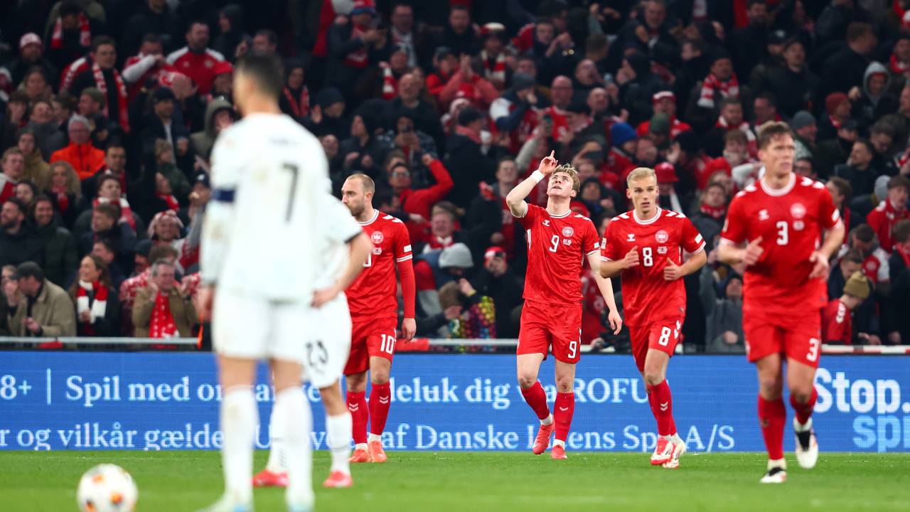 COPENHAGEN, DENMARK - MARCH 20: Rasmus Hojlund of Denmark celebrates scoring his team's first goal during the UEFA Nations League quarterfinal leg one match between Denmark and Portugal at Parken Stadium on March 20, 2025 in Copenhagen, Denmark. (Photo by Joern Pollex - UEFA/UEFA via Getty Images)