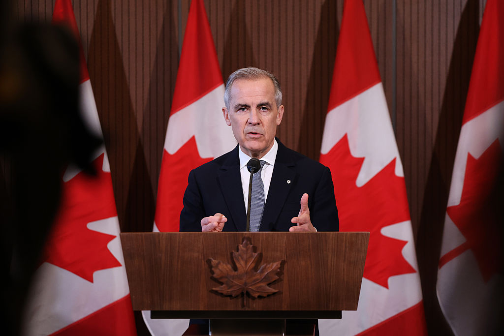 Mark Carney, Canada's prime minister, speaks during a news conference in Ottawa, Ontario, Canada, on Thursday, March 27, 2025. Carney says Canada will fight back against President Donald Trump's trade war and his tariffs on the auto sector, but he did not outline any new retaliatory measures against the US on Thursday. Photographer: David Kawai/Bloomberg via Getty Images