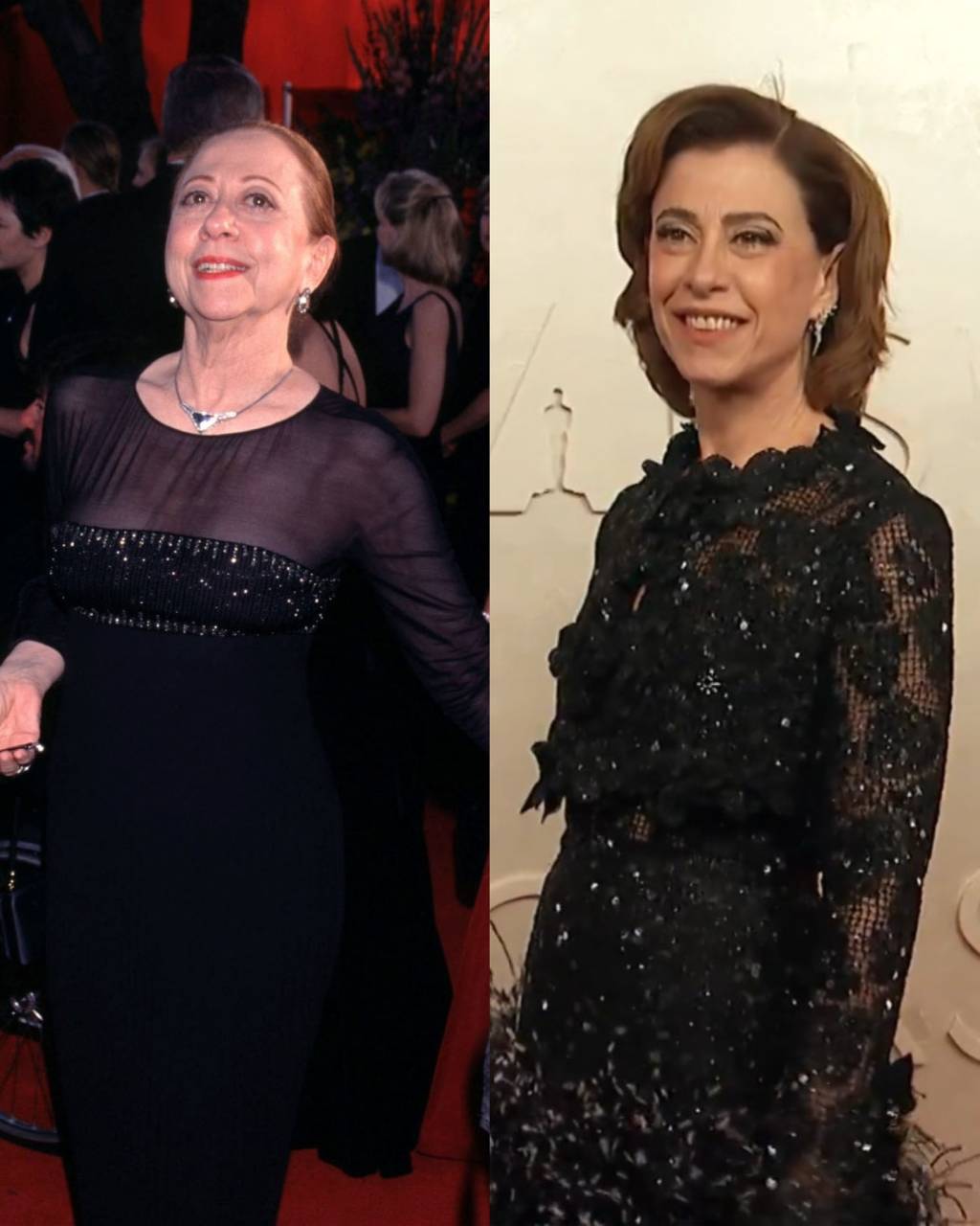 GlEb-nFXIAAXZZD Mãe e filha, Fernanda Montenegro (à esq.) e Fernanda Torres (à dir.) apostaram no vestido preto para o Oscar.