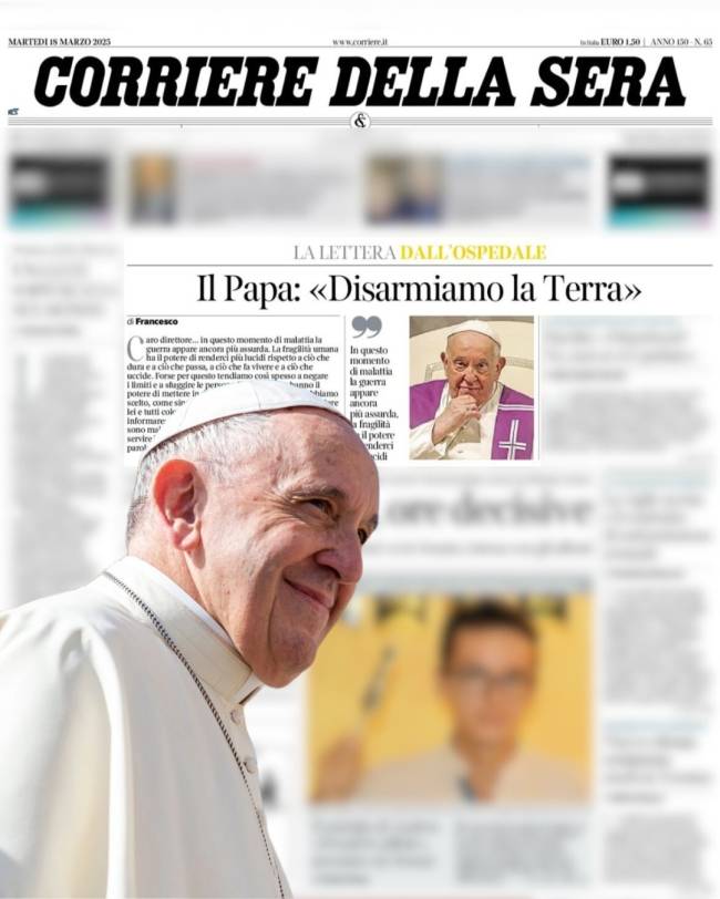 Papa Francisco Corriere della Serra Capa do jornal italiano 'Corriere della Sera' mostra carta de papa Francisco. 18/03/2025 -