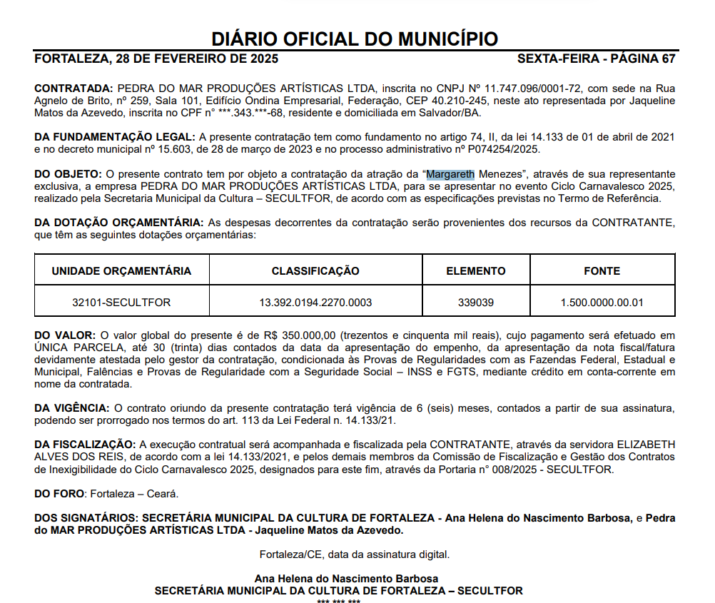 Reprodução do Diário Oficial de Fortaleza