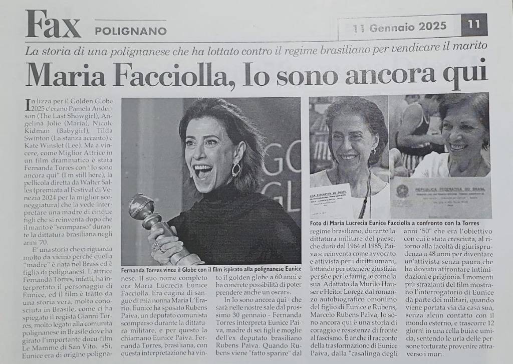 Fax Polignano – Ainda Estou Aqui Recorte de jornal local sobre 'Ainda Estou Aqui'
