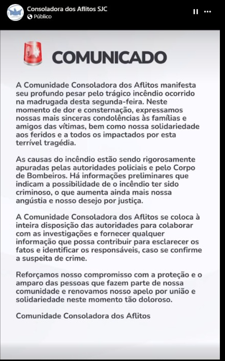 comunicado-comunidade-consoladora-dos-aflitos-abrigo-sjc Nota à imprensa publicada pela Comunidade Consoladora dos Aflitos, que administra um albergue destruído por um incêndio criminoso nesta segunda-feira, 10, em São José dos Campos