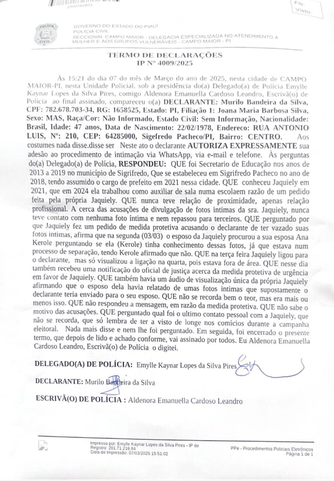 depoimento-murilo-bandeira-pt-sigefredo-pacheco Depoimento de Murilo Bandeira (PT), prefeito de Sigefredo Pacheco, no Piauí, à Polícia Civil sobre a morte da professora municipal Jaquiely Oliveira