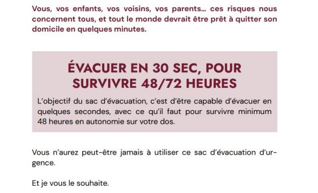 texto-guia Trecho do 'guia de sobrevivência' divulgado na França alerta: 'Evacue em 30 segundos para sobreviver 58/72 horas'