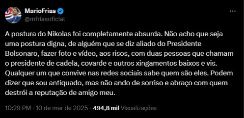 Tuíte do deputado federal Mário Frias (@mfriasoficial)