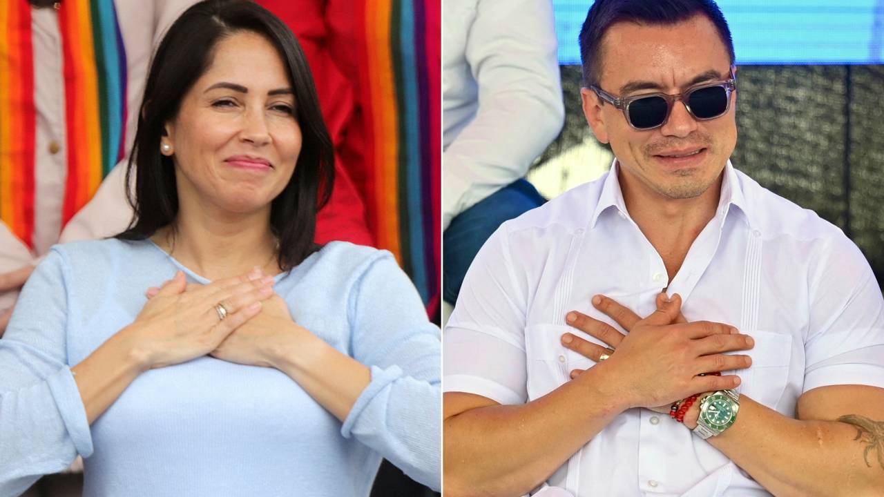 A candidata da esquerda, Luisa González (à esquerda), e o presidente dp Equador, Daniel Noboa (à direita), de extrema direita.