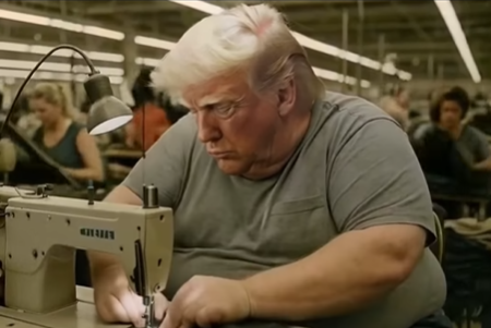 O presidente dos Estados Unidos, Donald Trump, como funcionário da indústria têxtil.