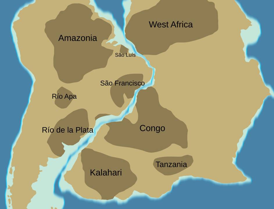 Mapa mostra os crátons — blocos rochosos antigos — que formavam o Gondwana Ocidental, unindo o que hoje são a América do Sul e a África.