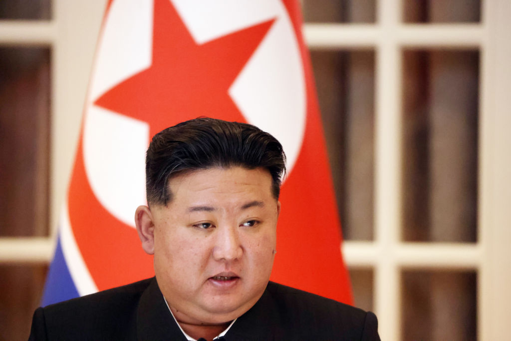 PYONGYANG, NORTH KOREA- JUNE 19 (RUSSIA OUT) North Korean Supreme Leader Kim Jong Un speaks during a press confernce, June 19, 2024, in Pyongyang, North Korea. Russian President Vladimir Putin is in North Korea for a two-day diplomatic visit. (Photo by Contributor/Getty Images)
