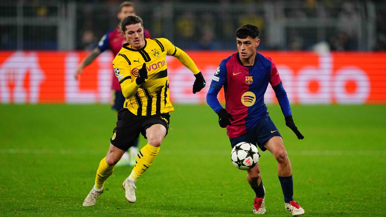 Marcel Sabitzer of Borussia Dortmund and Pedri of FC Barcelona battle for the ball during the Champions League Round 6 match between Borussia Dortmund v FC Barcelona at Signal Luna Park, Dortmund, Germany on December 11, 2024. (Photo by Ulrik Pedersen/NurPhoto via Getty Images)