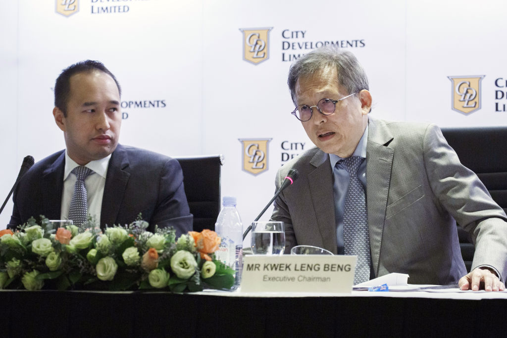 FILE: Kwek Leng Beng, chairman of City Developments Ltd., right, and Sherman Kwek, chief executive officer, during a news conference in Singapore, on Thursday, Feb. 21, 2019. The Kweks are one of Singapore's wealthiest families. Photographer: Ore Huiying/Bloomberg via Getty Images