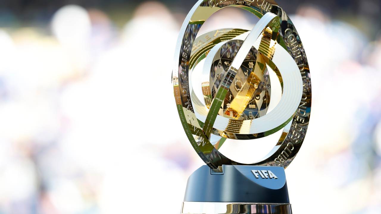 LOS ANGELES, CALIFORNIA - APRIL 02: A close-up view of the FIFA Club World Cup 2025 trophy on display at Dodger Stadium prior to a game between the Atlanta Braves and Los Angeles Dodgers on April 02, 2025 in Los Angeles, California.