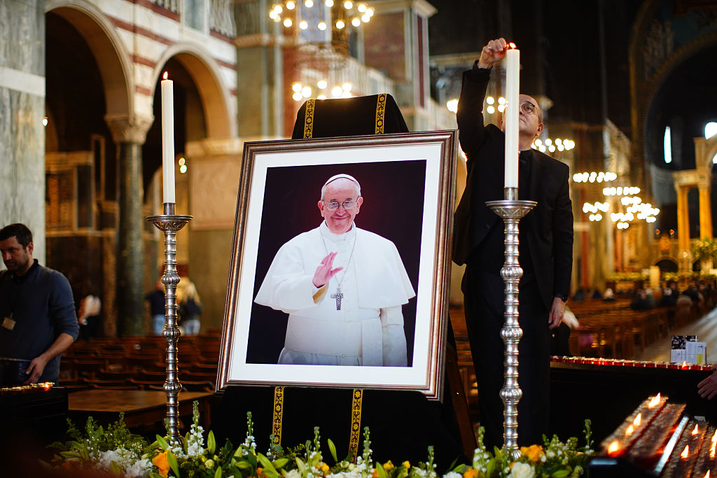 A picture of Pope Francis on display in Westminster Cathedral in Victoria, London, following the announcement by the Vatican of his death aged 88. Issue date: Monday April 21, 2025. (Photo by James Manning/PA Images via Getty Images)