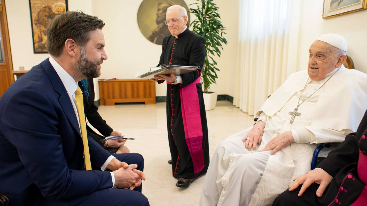 VATICAN CITY, VATICAN - APRIL 20: (EDITOR NOTE: STRICTLY EDITORIAL USE ONLY - NO MERCHANDISING). Pope Francis meets with U.S. Vice President JD Vance and delegation during an audience at Casa Santa Marta on April 20, 2025 in Vatican City, Vatican. (Photo by Vatican Media via Vatican Pool/Getty Images)