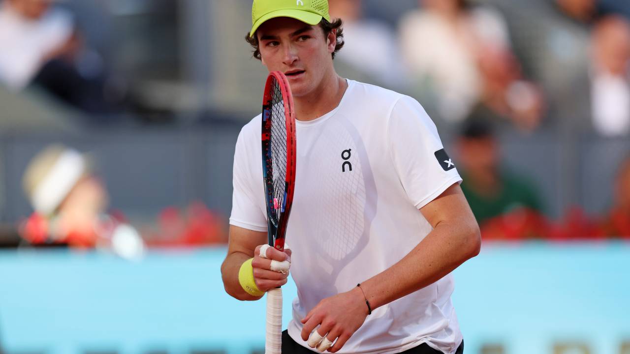MADRID, SPAIN - APRIL 24: Joao Fonseca of Brazil reacts against Elmer Moeller of Denmark in the Men's Singles First Round match during Day Three of the Mutua Madrid Open at La Caja Magica on April 24, 2025 in Madrid, Spain.