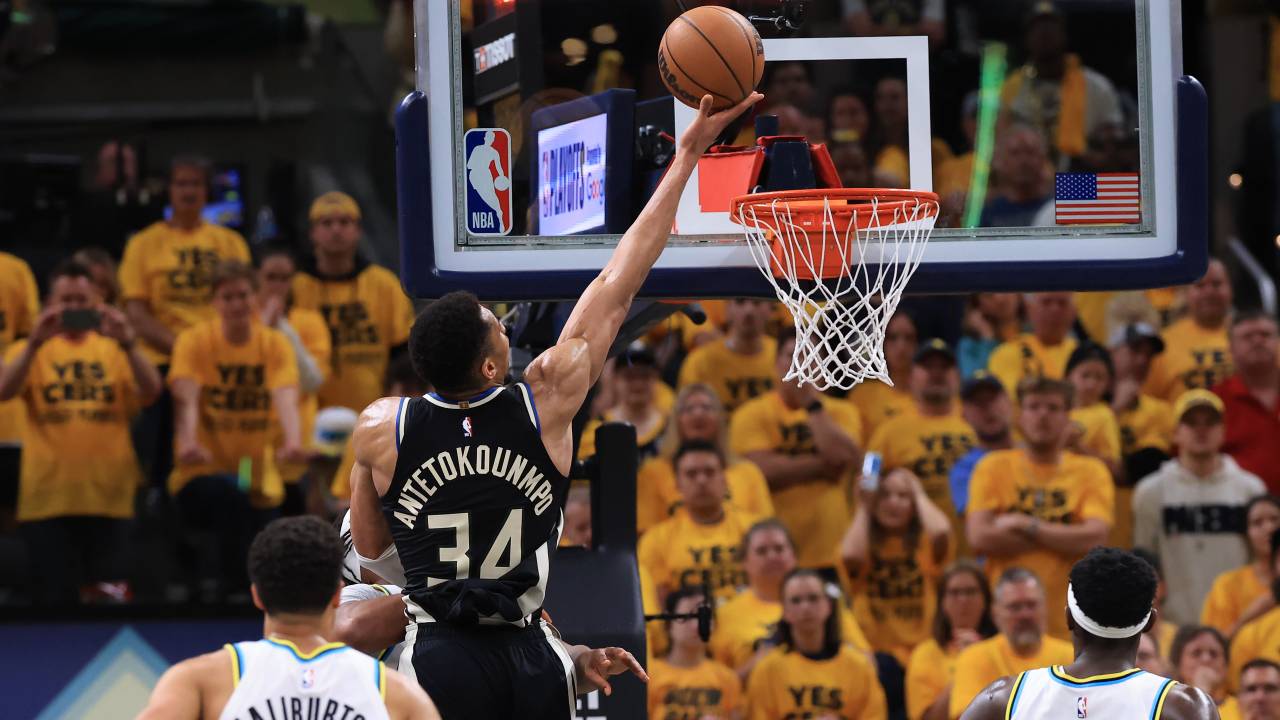 INDIANAPOLIS, INDIANA - APRIL 29: Giannis Antetokounmpo #34 of the Milwaukee Bucks takes a shot during the fourth quarter against the Indiana Pacers of Game 5 of the 2025 NBA Playoffs at Gainbridge Fieldhouse on April 29, 2025 in Indianapolis, Indiana. NOTE TO USER: User expressly acknowledges and agrees that, by downloading and or using this photograph, User is consenting to the terms and conditions of the Getty Images License Agreement.