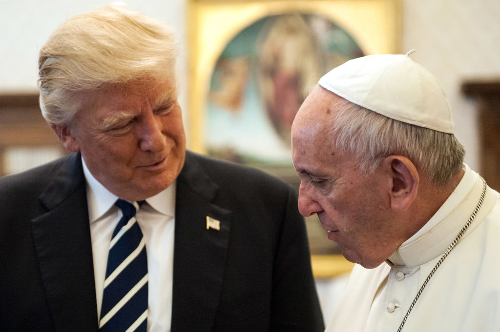 VATICAN CITY, VATICAN - MAY 24: Pope Francis meets United States President Donald Trump at the Apostolic Palace on May 24, 2017 in Vatican City, Vatican. The President Trump will return on Italy on Friday attending the Group of 7 Summit in Sicily. (Photo by Vatican Pool/Getty Images)
