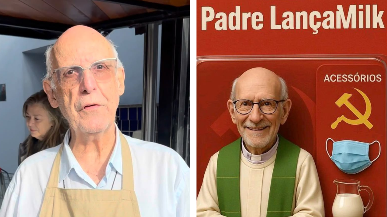 Padre Julio Lancellotti e falso boneco criado com IA para ironizá-lo