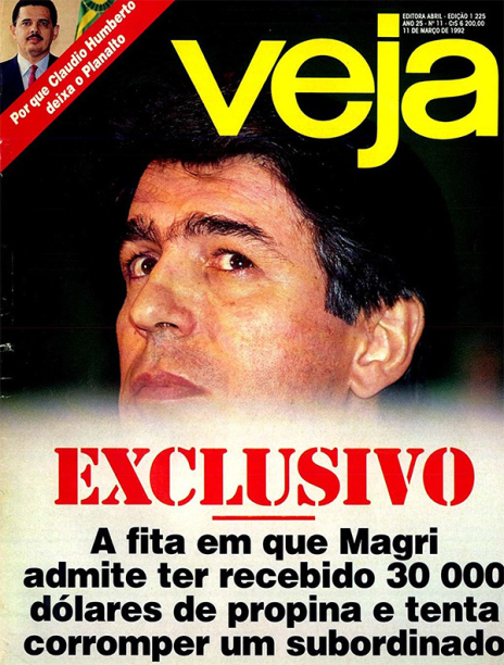 11/03/1992 - "Exclusivo: A fita em que Magri admite ter recebido 30 000 dólares de propina e tenta corromper um subordinado" - Furo de reportagem de VEJA revela escândalo de corrupção praticada pelo ministro do Trabalho, Antônio Magri