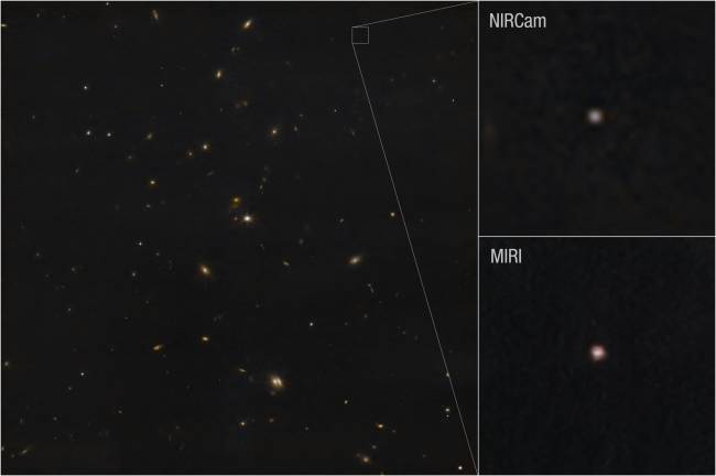 This image shows Webb’s recent observation of the asteroid 2024 YR4 using both its NIRCam (Near-Infrared Camera) and MIRI (Mid-Infrared Instrument). Data from NIRCam shows reflected light, while the MIRI observations show thermal light.  On 8 March 2025, the NASA/ESA/CSA James Webb Space Telescope turned its watchful eye toward asteroid 2024 YR4, which we now know poses no significant threat to Earth in 2032 and beyond. This is the smallest object targeted by Webb to date, and one of the smallest objects to have its size directly measured. Observations were taken to study the thermal properties of 2024 YR4, including how quickly it heats up and cools down and how hot it is at its current distance from the Sun. These measurements indicate that this asteroid does not share properties observed in larger asteroids. This is likely a combination of its fast spin and lack of fine-grained sand on its surface. Further research is needed, however this is considered consistent with a surface dominated by rocks that are roughly fist-sized or larger. Webb’s observations indicate that the asteroid measures roughly 60 meters (comparable to the height of a 15-story building). The new observations from Webb not only provide unique information about 2024 YR4’s size, but can also complement ground-based observations of the object's position to help improve our understanding of the object’s orbit and future trajectory. Note: This post highlights data from Webb science in progress, which has not yet been through the peer-review process. [Image description: A collage of three images showing the black expanse of space. Two-thirds of the collage is taken up by the black background sprinkled with small, blurry galaxies in orange, blue, and white. There are two images in a column at the right side of the collage. On the right side of the main image, not far from the top, a very faint dot is outlined with a white square. At the right, there are two zoomed in views of this area. The top box is labeled NIRCam and shows a fuzzy dot at the center of the inset. The bottom box is labeled MIRI and shows a fuzzy pinkish dot.]