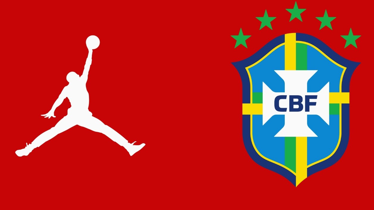 Logo da Jordan em branco e escudo da seleção brasileira de futebbol com fundo vermelho