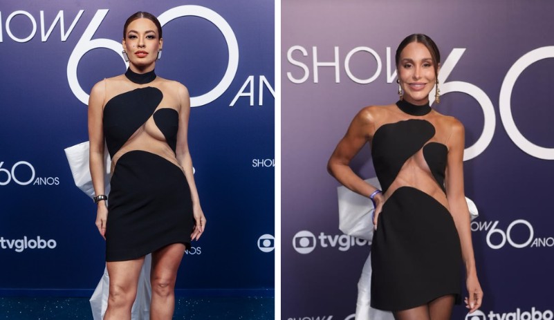 Beatriz Reis e Carol Marra usando o mesmo vestido na festa de 60 anos da Globo