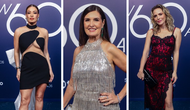 Beatriz Reis, Fátima Bernardes e Leticia Colin no tapete azul da festa de 60 anos da Globo