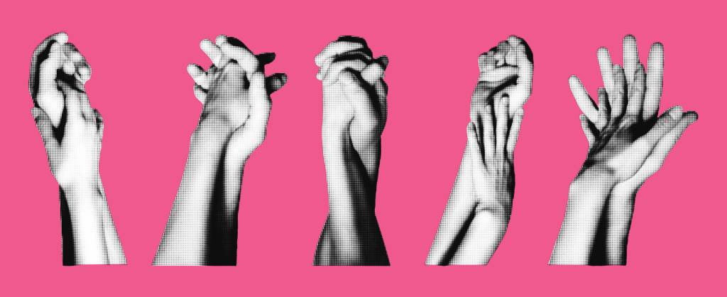 sexo, afeto, sexualidade, relacionamento, Hands of lovers holding together halftone collage vector illustration SEXUALIDADE - Saúde: prática está relacionada ao bem-estar corporal e mental