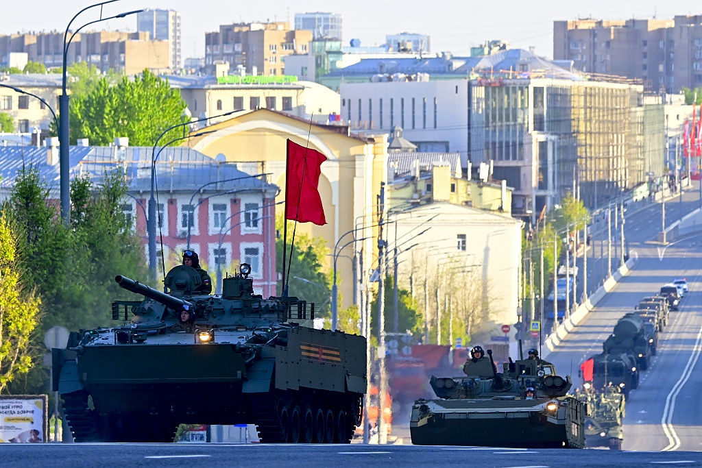 MOSCOW, RUSSIA - MAY 3: Russian military vehicles are on their way to Red Square during the rehearsal of Victory Day military parade marking the 80th anniversary of the victory over Nazi Germany in World War II, at Red Square in Moscow, Russia on May 3, 2025. (Photo by Sefa Karacan/Anadolu via Getty Images)