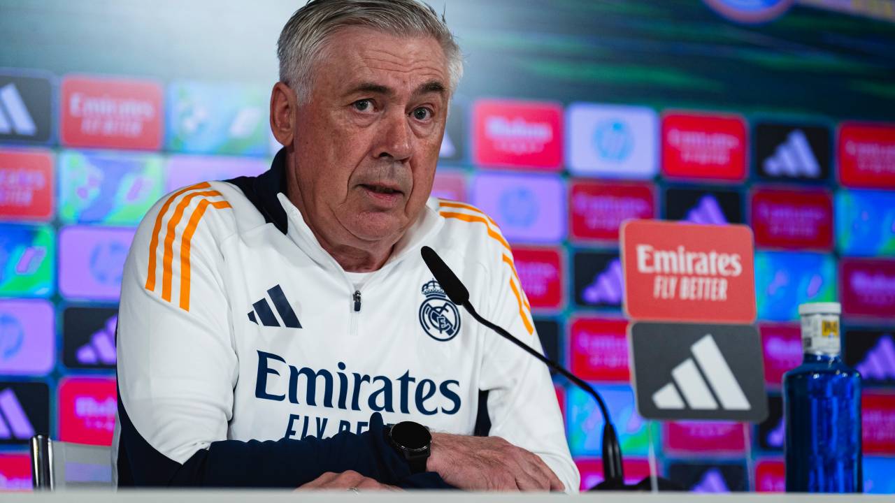 Carlo Ancelotti, head coach of Real Madrid, speaks during the Real Madrid press conference ahead of the La Liga match against FC Barcelona at Ciudad Real Madrid in Valdebebas, Spain, on May 10, 2025. (Photo by Alberto Gardin/NurPhoto via Getty Images)