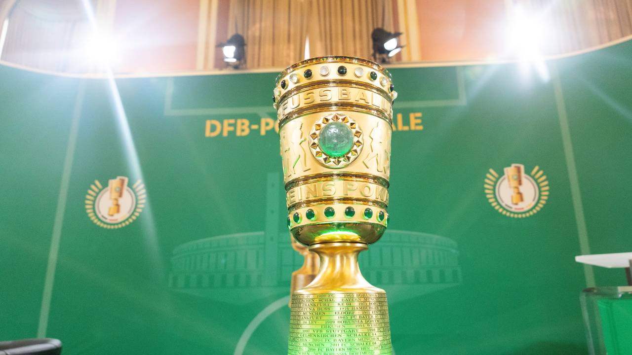 BERLIN, GERMANY - MAY 12: DFB Cup Trophy is seen ahead of the DFB Cup Final 2025 between Arminia Bielefeld and VfB Stuttgart at Rotes Rathaus on May 12, 2025 in Berlin, Germany. In the 82th final of the DFB Cup 2023 Arminia Bielefeld will face VfB Stuttgart on May 24, 2025 in Berlin. (Photo by Maja Hitij/Getty Images)