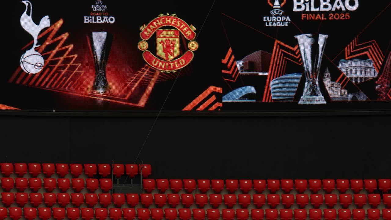 BILBAO, SPAIN - MAY 20: A general view of seating inside the stadium as match information is displayed on the big screens ahead of the UEFA Europa League Final 2025 between Tottenham Hotspur and Manchester United at Estadio de San Mames on May 20, 2025 in Bilbao, Spain. (Photo by Carl Recine/Getty Images)