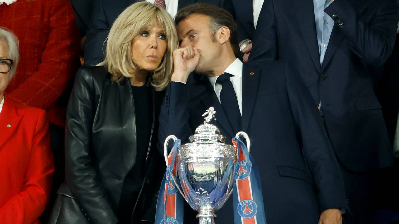 PARIS, FRANCE - MAY 24: Brigitte Macron, President of France Emmanuel Macron attend the football French Cup Final between Paris Saint-Germain (PSG) and Stade de Reims at Stade de France on May 24, 2025 in Saint-Denis near Paris, France. (Photo by Jean Catuffe/Getty Images)