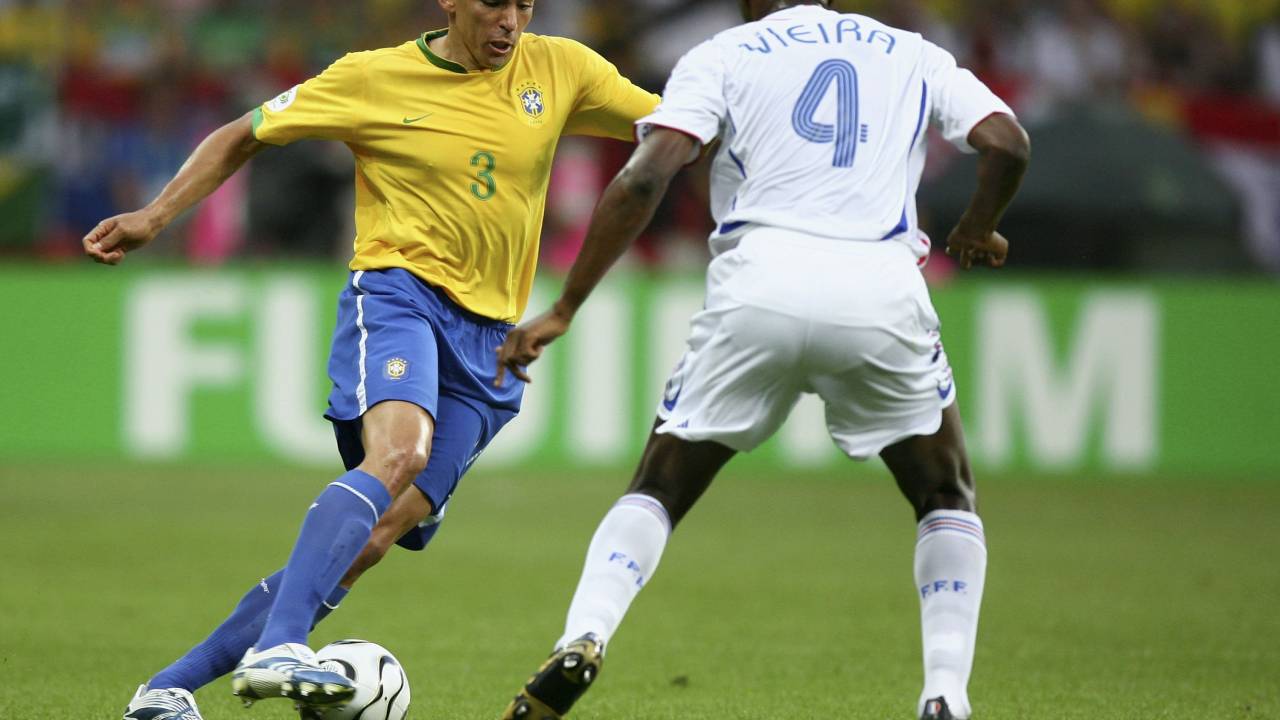 FRANKFURT, GERMANY - JULY 01: Lucio of Brazil is challenged by Patrick Vieira of France during the FIFA World Cup Germany 2006 Quarter-final match between Brazil and France at the Stadium Frankfurt on July 1, 2006 in Frankfurt, Germany. (Photo by Michael Steele/Getty Images)