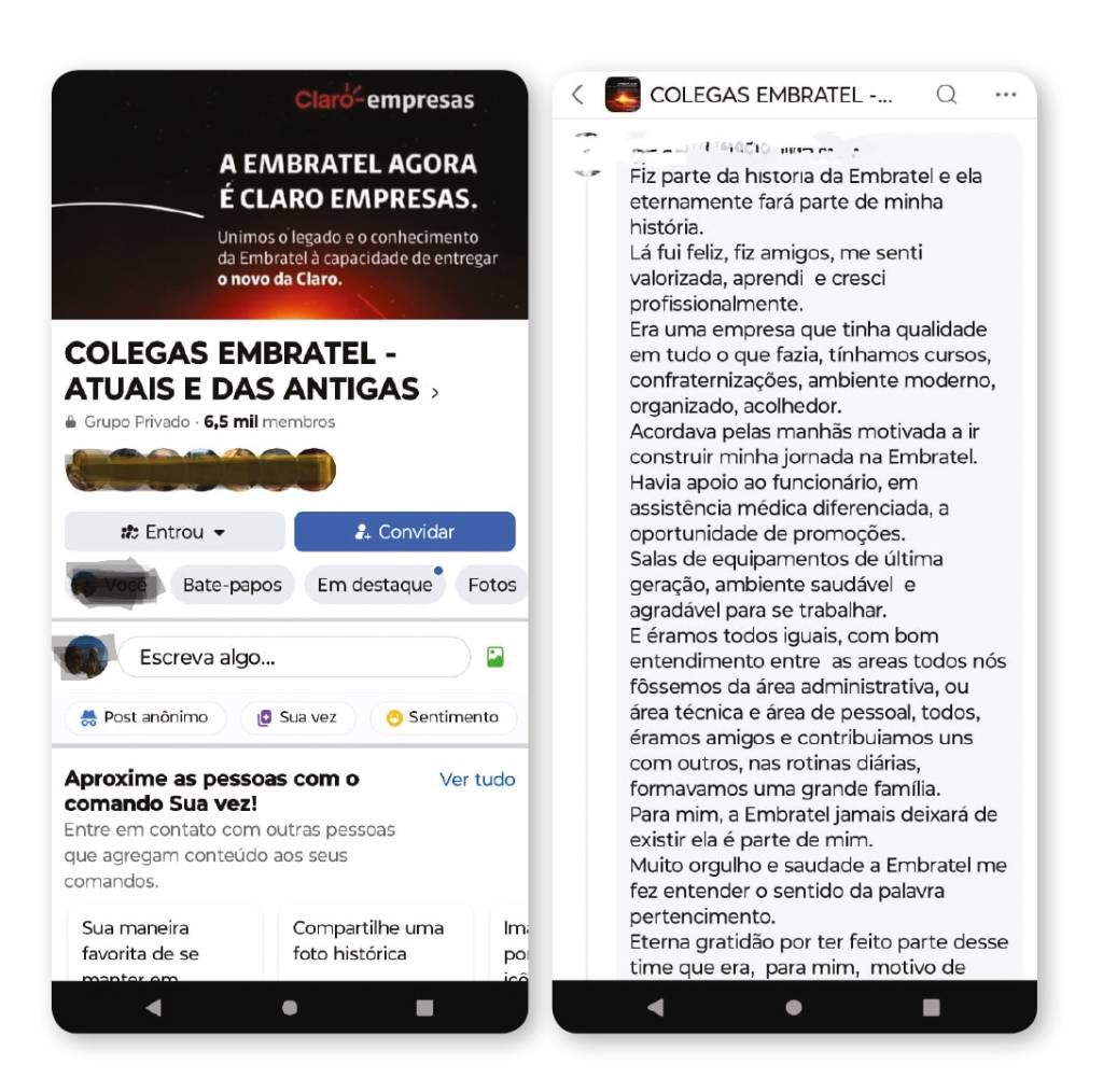 Montagem A página “Colegas Embratel — Atuais e das Antigas” no Facebook: coletivo com 6 500 participantes