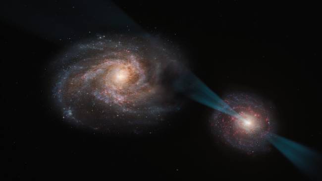 This artist's impression shows a ‘cosmic joust’ –– a galactic merger in which the galaxy on the right hosts a quasar at its core. This quasar is powered by a supermassive black hole swallowing up material around it and emitting a powerful cone of radiation, piercing the other galaxy like a lance. As this radiation interacts with the galaxy on the left, it disrupts the clouds of gas and dust within, leaving behind only the smallest and densest regions. These regions are likely rendered incapable of star formation after the process.