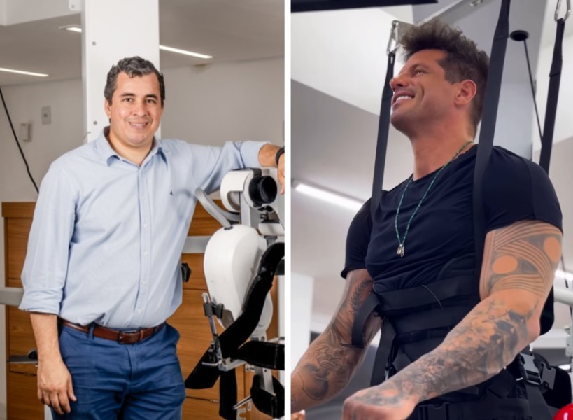 Médico Thiago Pires, especialista em reabilitação robótica, e apresentador Fernando Fernandes