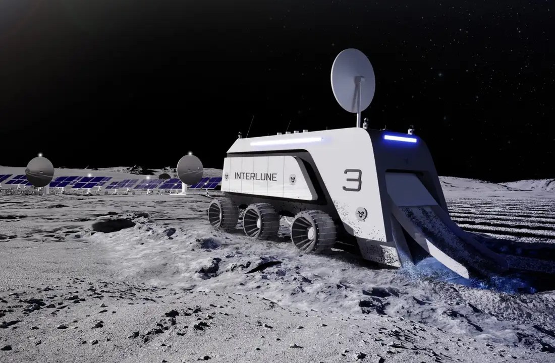 Imagem gerada por computador mostra como pode ser a missão de mineração lunar da startup Interlune, que pretende extrair hélio-3 do solo da Lua a partir de 2027.