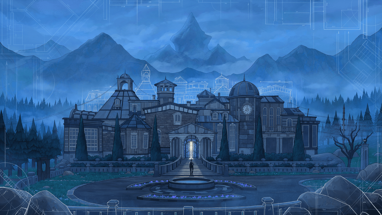 Mansão em que se passa o game "Blue Prince"
