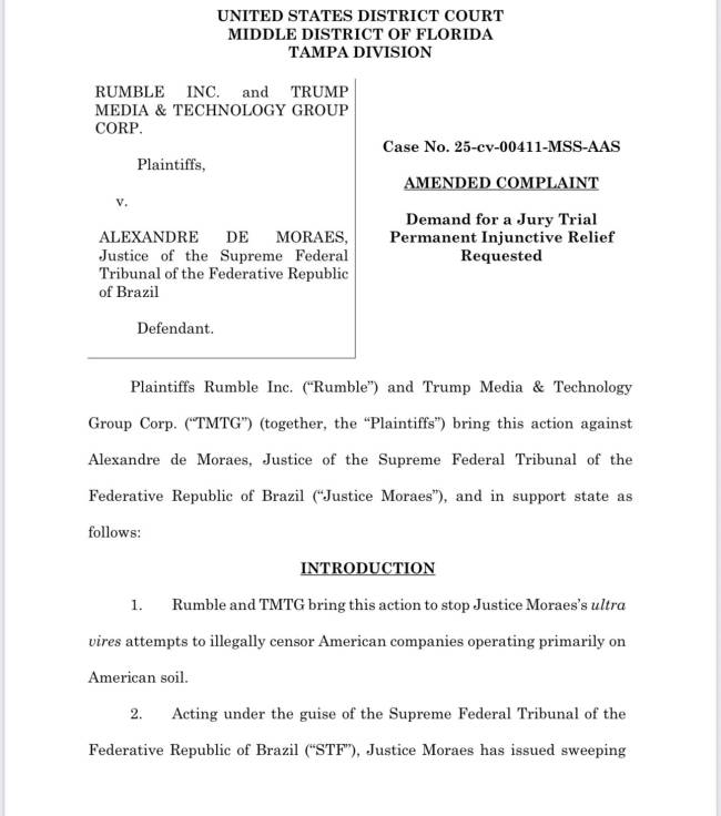 Trump Media Documento de 62 páginas sobre a ação da Trump Media e da Rumble contra o ministro do STF por suposta censura Alexandre de Moraes
