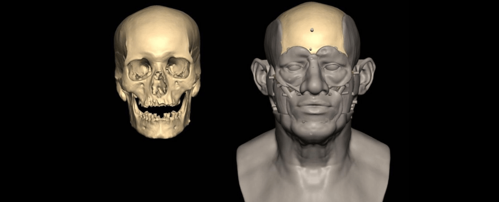 Reconstrução facial do homem enterrado há 4.800 anos na cidade de Nuwayrat, no sul do Egito, cujos restos mortais permitiram o sequenciamento do DNA mais antigo já obtido no país.