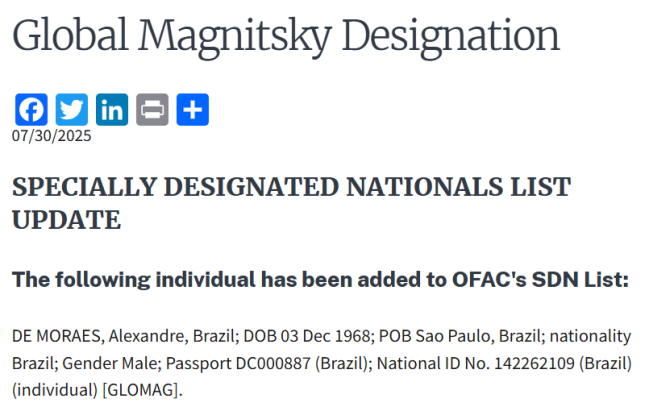 Site do Departamento do Tesouro dos EUA mostra Alexandre de Moraes como nova adição na lista de sancionados pela lei Magnitsky. -