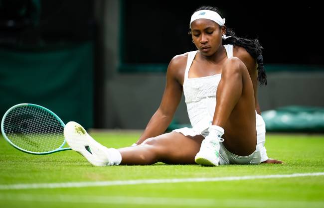LONDON, ENGLAND - JULY 01: Coco Gauff of the United States reacts while playing against Dayana Yastremska of Ukraine in the first round on Day Two of The Championships Wimbledon 2025 at All England Lawn Tennis and Croquet Club on July 01, 2025 in London, England (Photo by Robert Prange/Getty Images)
