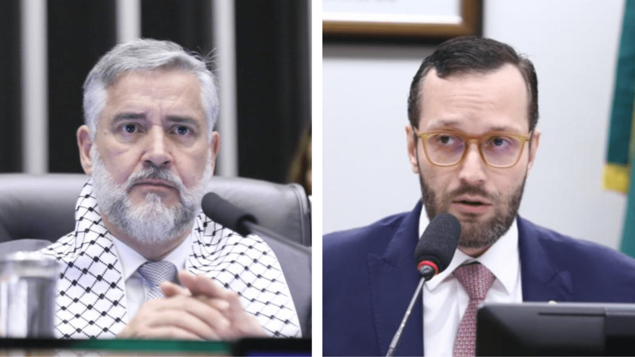 Paulo Pimenta (PT-RJ) em evento que homenageou data palestina, e Filipe Barros (PL-PR), presidente da Credn, que prestou solidariedade a Israel