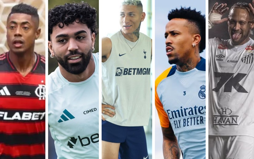 Jogadores Bruno Henrique, Gabigol, Richarlison, Éder Militão e Neymar